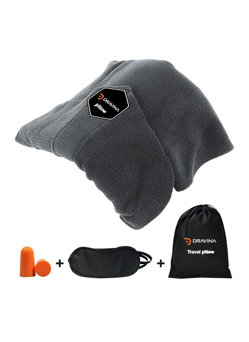Dravina Premium Travel Neck Pillow with Eye Mask Ear Buds Carrying Pouch Washable Super Soft Wrap Travel Pillow for Neck Shoulder Support Comfortable Sleeping Experience On Flight Grey