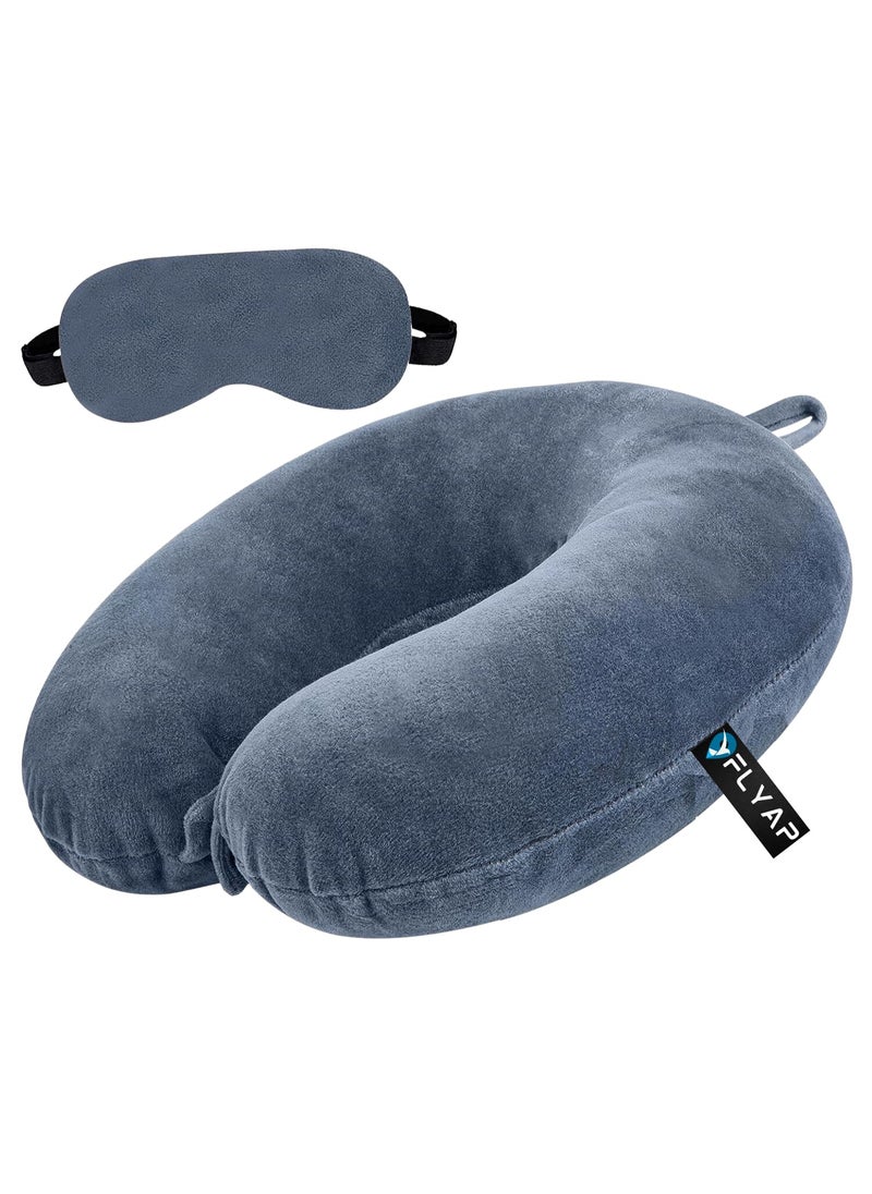 Flyap Memory Foam Neck Pillow Eye Mask with Rest Cushion for Travel in Flight Car Train Airplane with 1 Year Warranty Sleeping for Men and Women Grey