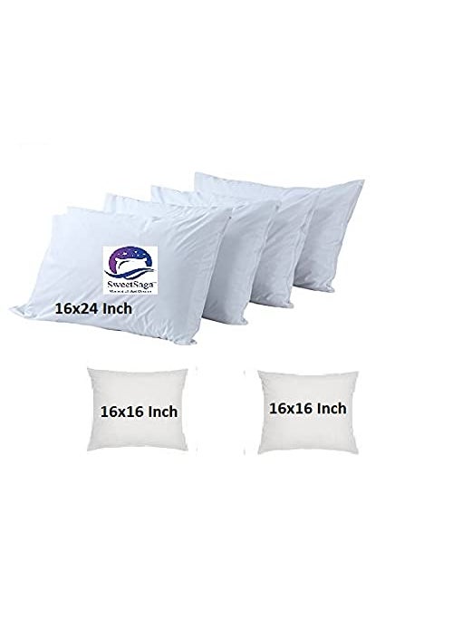 SWEETSAGA Microfiber Sleeping Bed Pillow and Sofa Cushion Combo Set of 6 Pack 4 Pieces 16x24 Inch Pillow and 2 Pieces 16x16 Inch Cushion Vacuum Packed White