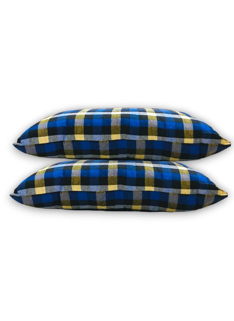 ATOOTFUSION Cotton Sleeping Pillow 41 x 66 cm Checkered Pattern Medium Hard Blue and Yellow Multicolor Check Standard Pack of 02