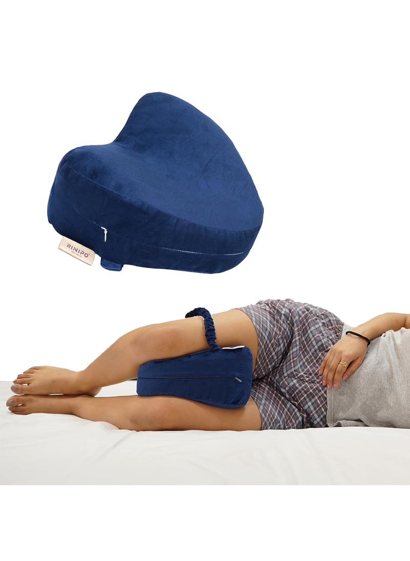 RINIPO Memory Foam Knee Pillow for SleepingLeg Pillow for PregnancyBack PainSide SleepersSciatica and Knee Pain Relief Knock Knee Pillow for Leg Support with Washable Zipper Cover Velvet Blue