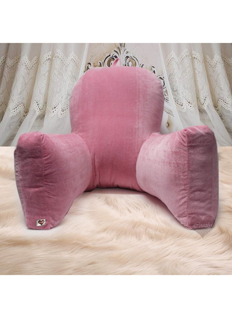 COOZLY Backrest Pillow Reading Pillow Bed Support Pillow With High Armrests Strechable Velvet Removable Cover PinkLarge