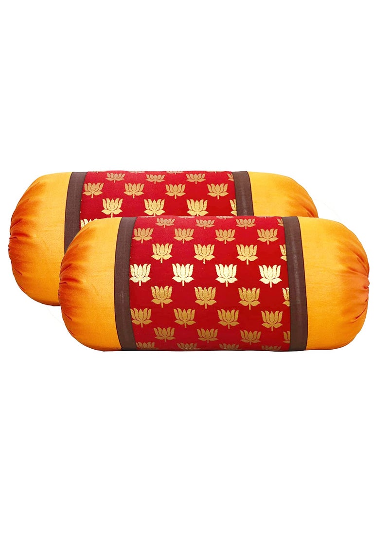 VIREO Jacquard Art Red Silk Bolster 16x30 inch Set of 2 pcs011