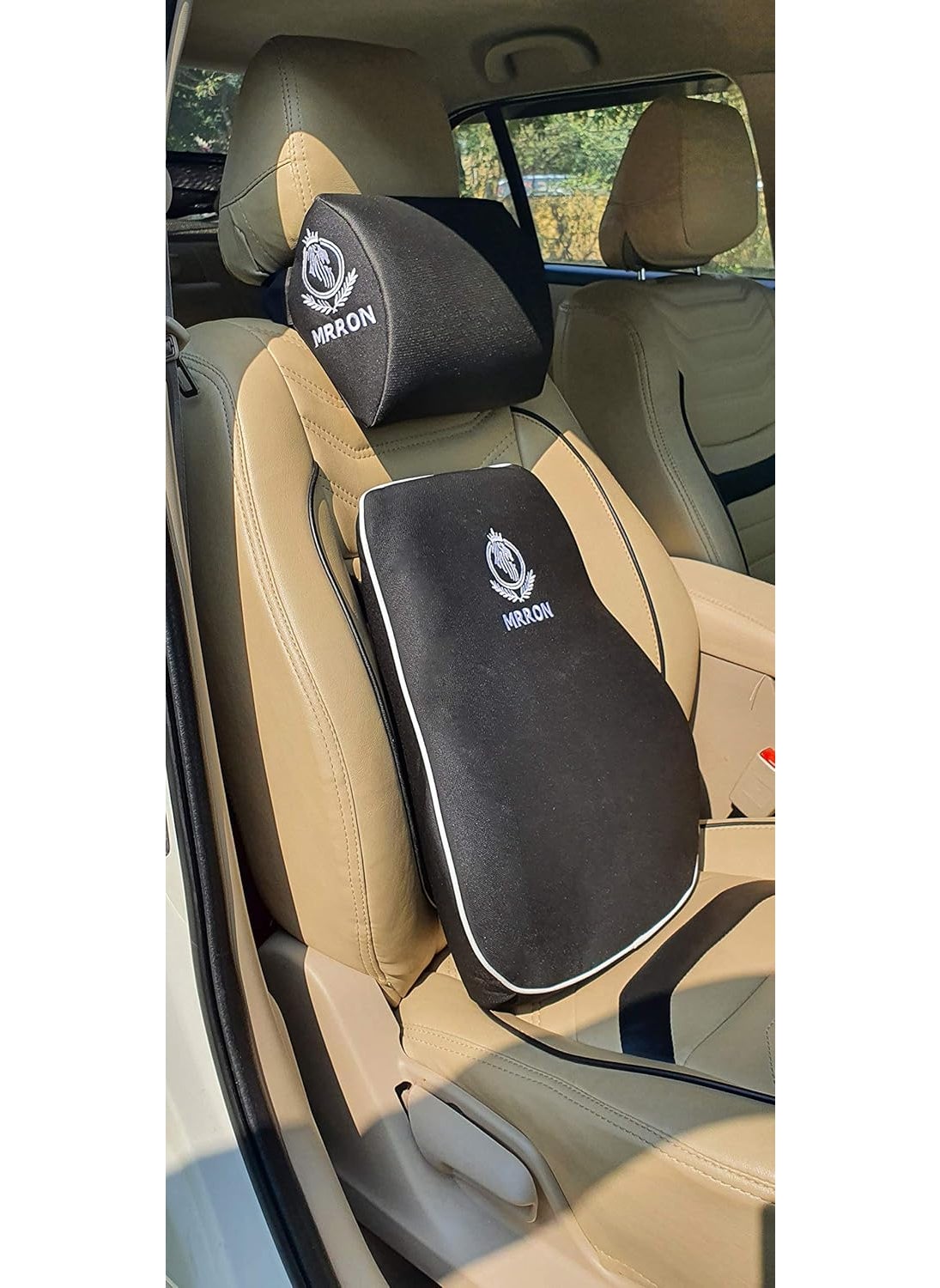 MRRON EVOOQUE Series Memory Foam Orthopedic Head Rest Lumbar Support for Car Seat or Office Chair Neck Rest Pillow Kit Designed Ergonomically for Extra Neck Support Breathable and Black