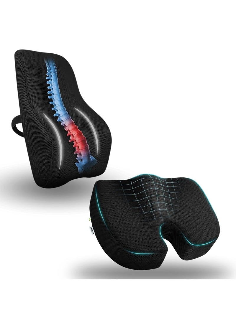 EASEFIT Orthopedic Back Brace Memory Foam Lumbar Support Backrest Long for Upper Middle and Lower Back Pain Compatible with Computer Car Office Chair Black Cushion Backrest Combo
