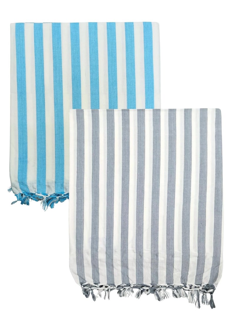 Arvore Bunkaar 100 Pure Handloom Soft Beautiful Bhagalpuri Summer BlanketKhesDoharTop Sheet SetChadar in and Size 245cm X 130cm Combo Pack of 2 Blue Grey Striped