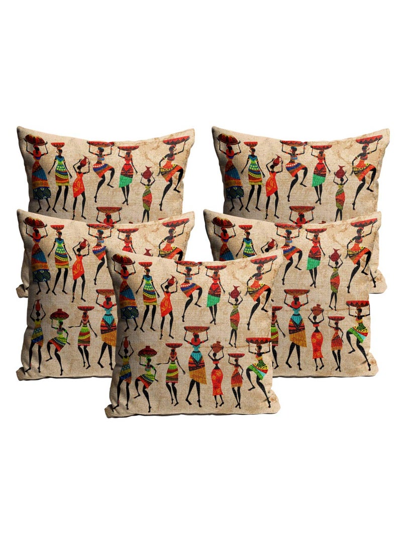 sleep natures Jute Fabric Printed Decorative ThrowPillow CoversCushion Covers for Living Room Bed Room SofaChairs PackSet of 5 Multicolour Size 16 x 16 Inches