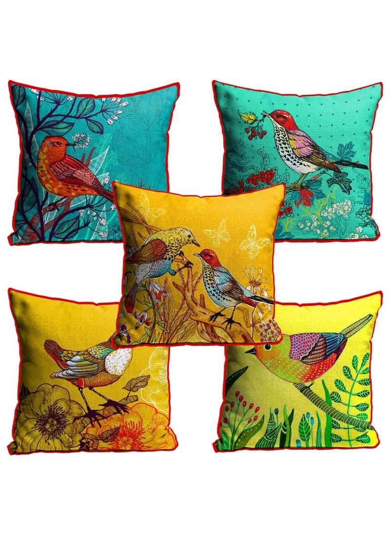 Sleep Natures Jute Fabric Printed ThrowPillow Covers for LivingBed Room Set of 5 Multi Colour 12 X 12 Inch