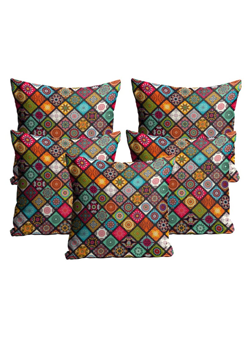 Sleep Natures Jute Fabric Printed ThrowPillow Covers for LivingBed Room Set of 5 Multi Colour 12 X 12 Inch