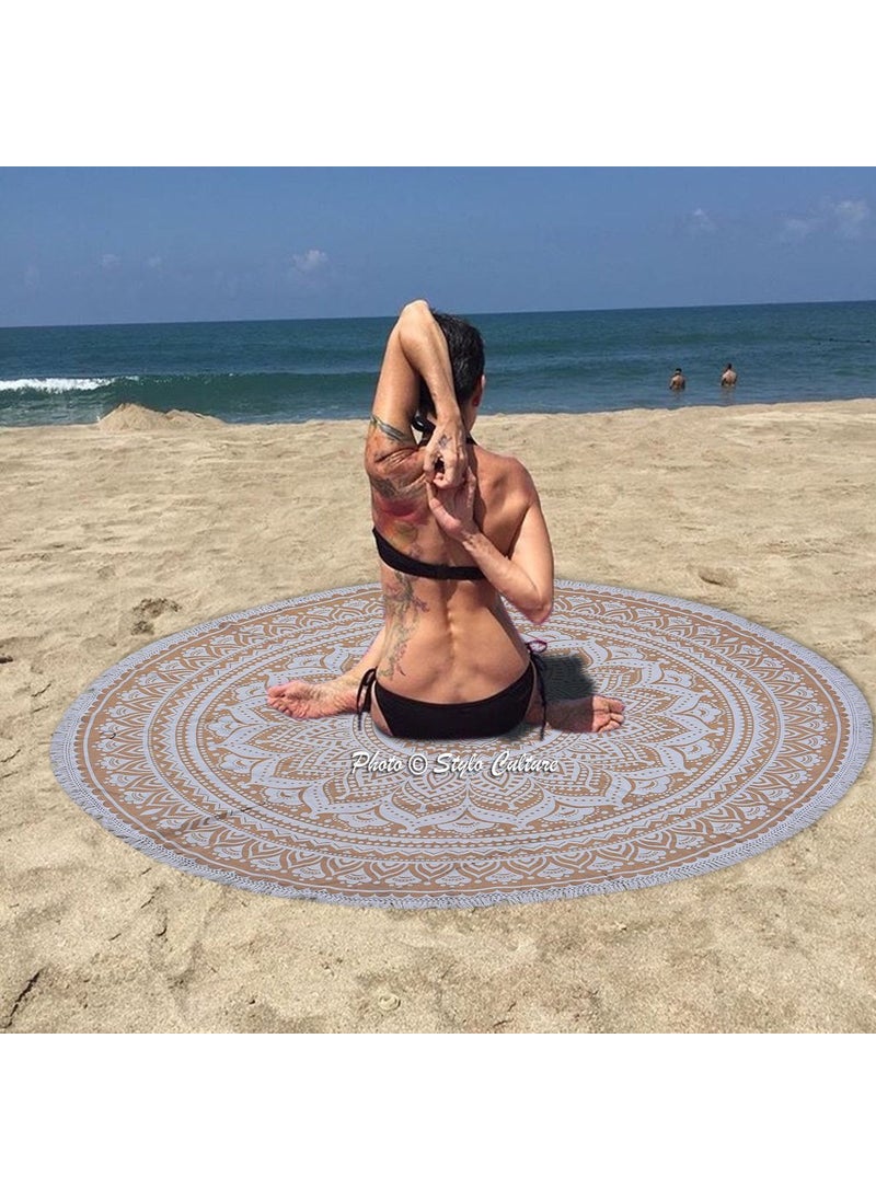 Stylo Culture Indian Round Mandala Throw Gold Ombre 72 Cotton Printed Fringes Lace Beach Throw Wall Tapestry