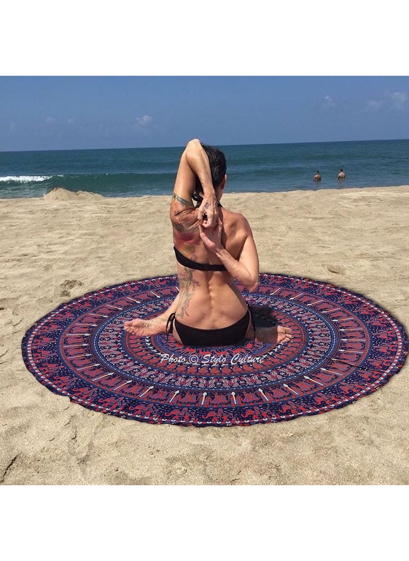 Stylo Culture Ethnic Round Mandala Throw Elephant Camel Blue Red 72 Cotton Printed Beach Towel Carpet