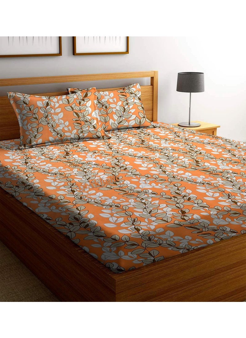 YaAkholic 220 TC Elastic Fitted Double King Size Bed Cotton Bedsheets with 2 Pillow Covers King Size 78 x 72 Lruxurious Bedding Set for Ultimate Comfort and Style King Orange Leaves