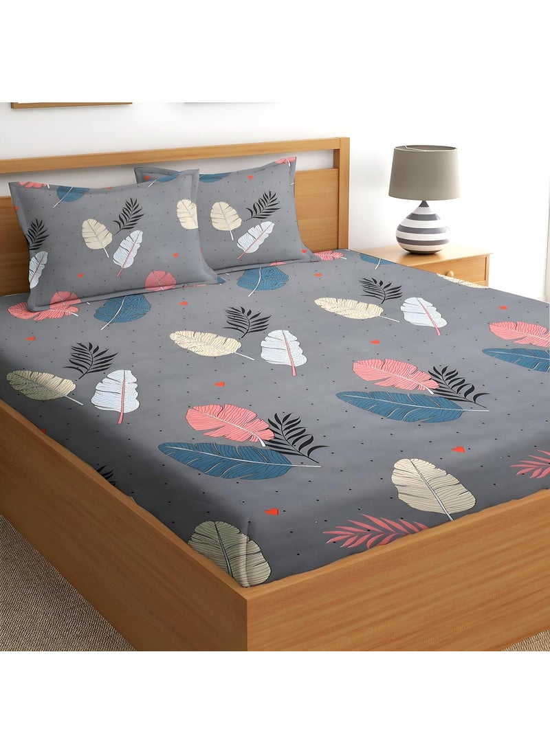 YaAkholic 220 TC Elastic Fitted Double King Size Bed Cotton Bedsheets with 2 Pillow Covers King Size 78 x 72 Lruxurious Bedding Set for Ultimate Comfort and Style King Grey Patta