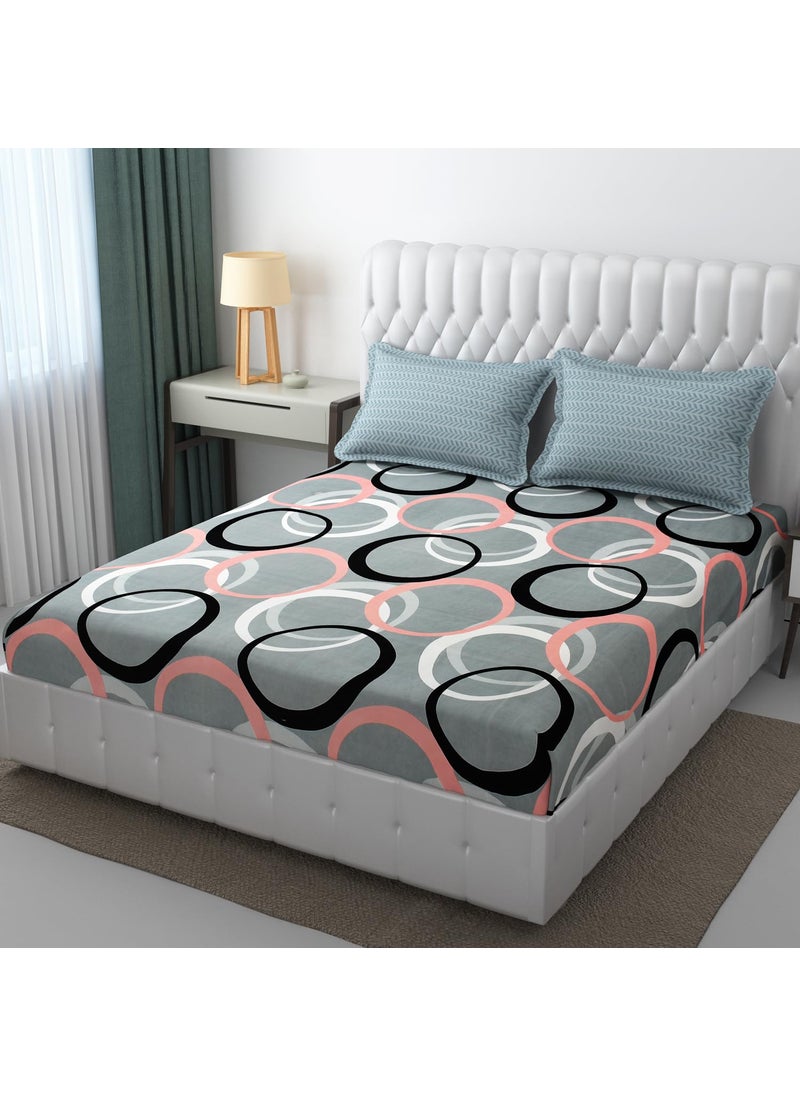 STARNSTYLE 280 TC Fitted Bedsheet Elastic Fitted Bedsheets King Size Bedsheet for Double Bed ezyption Cotton Premium Floral Fitted Bedsheet with 2 Pillow Cover78x72 Inches Grey Circle
