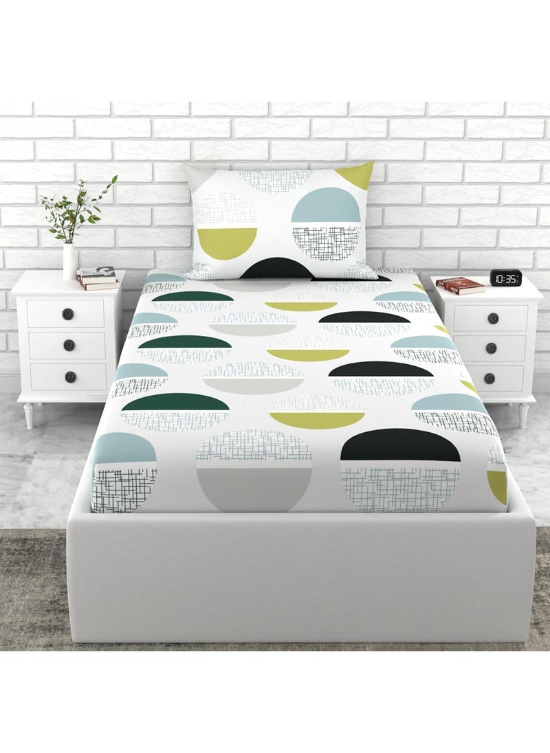LORETO A QUALITY LINEN BRAND 100 Cotton Bedsheet for Single Bed 1 Single Bedsheet with 1 Pillow Cover 144 TC Single Bedsheet Cotton Hawaiian Blue and Pale Yellow Circle