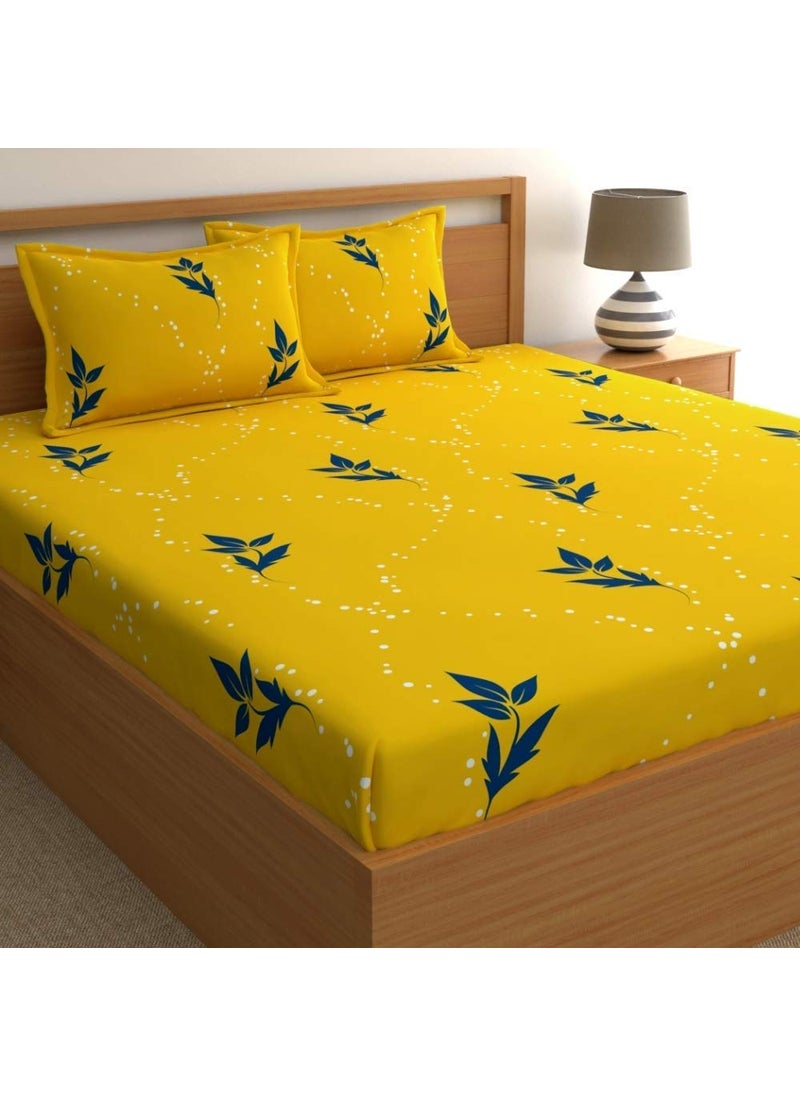 YaAkholic 220 TC Elastic Fitted Double King Size Bed Cotton Bedsheets with 2 Pillow Covers King Size 78 x 72 Lruxurious Bedding Set for Ultimate Comfort and Style Yellow Patti King 78 x 72