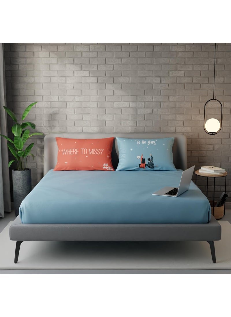 Stoa Paris Satin Bedsheet for Double Size Bed Flip The Pillow Where to Miss to The Stars Flat Bedsheet Set 2 Pillow Covers Light Blue