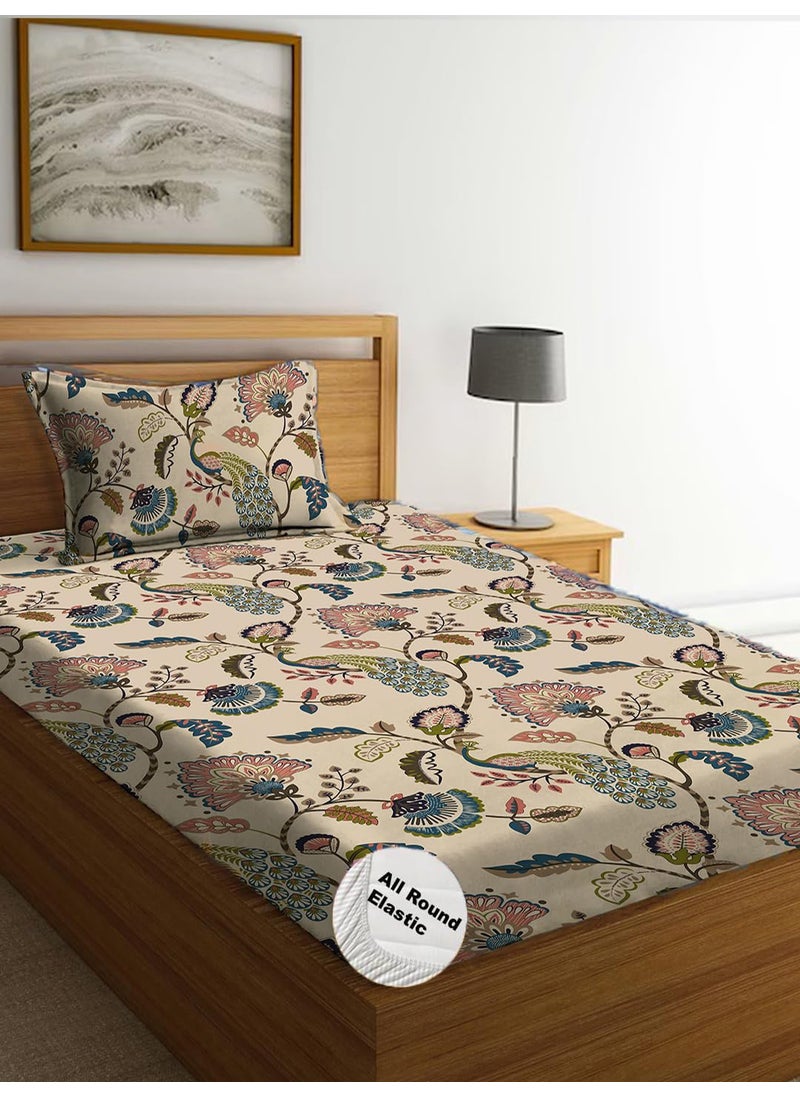 DECOMIZER Cotton Feel All Around Elastic Fitted Glace Printed Single Bed Bedsheet with 1 Large Pillow Cover Fits Upto Mattress of 6 InchesPillow Size 50 x 75 x CMS Approx 1 PCS Beige Anokhi