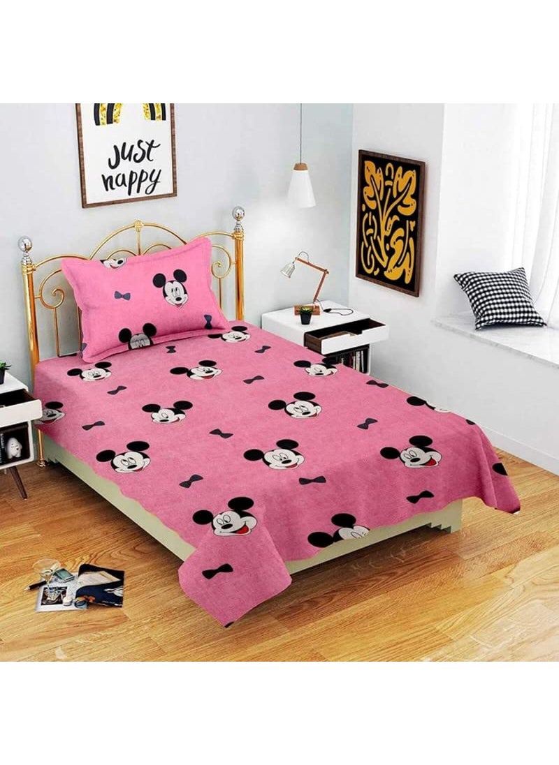 Supreme Home Collective Beautiful Printed Microfibre Single Bedsheet with 1 Pillow Cover PeachMickey Printed