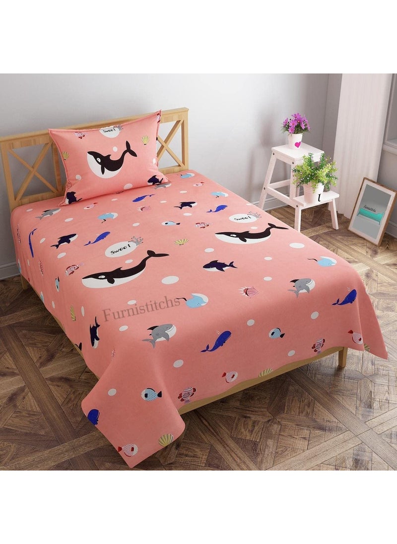 Furnistitchs Soft Microfiber Kids Cartoon Print Bedsheet with Pillow Cover Single 60x90 Sweet Fish