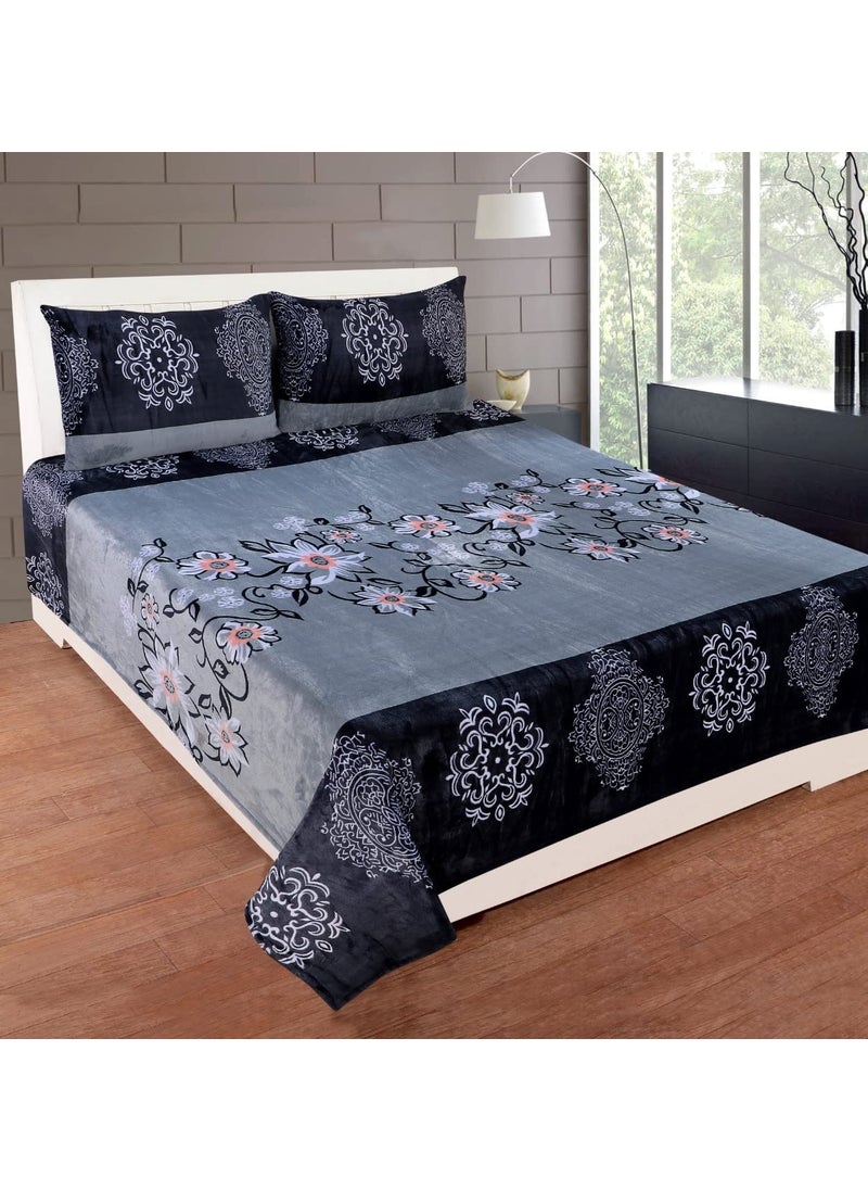 PRINDA Presents Luxurious FlannelWarm King Size Flat Double Bedsheet With Their 2 Pillow Covers Gray210 TC