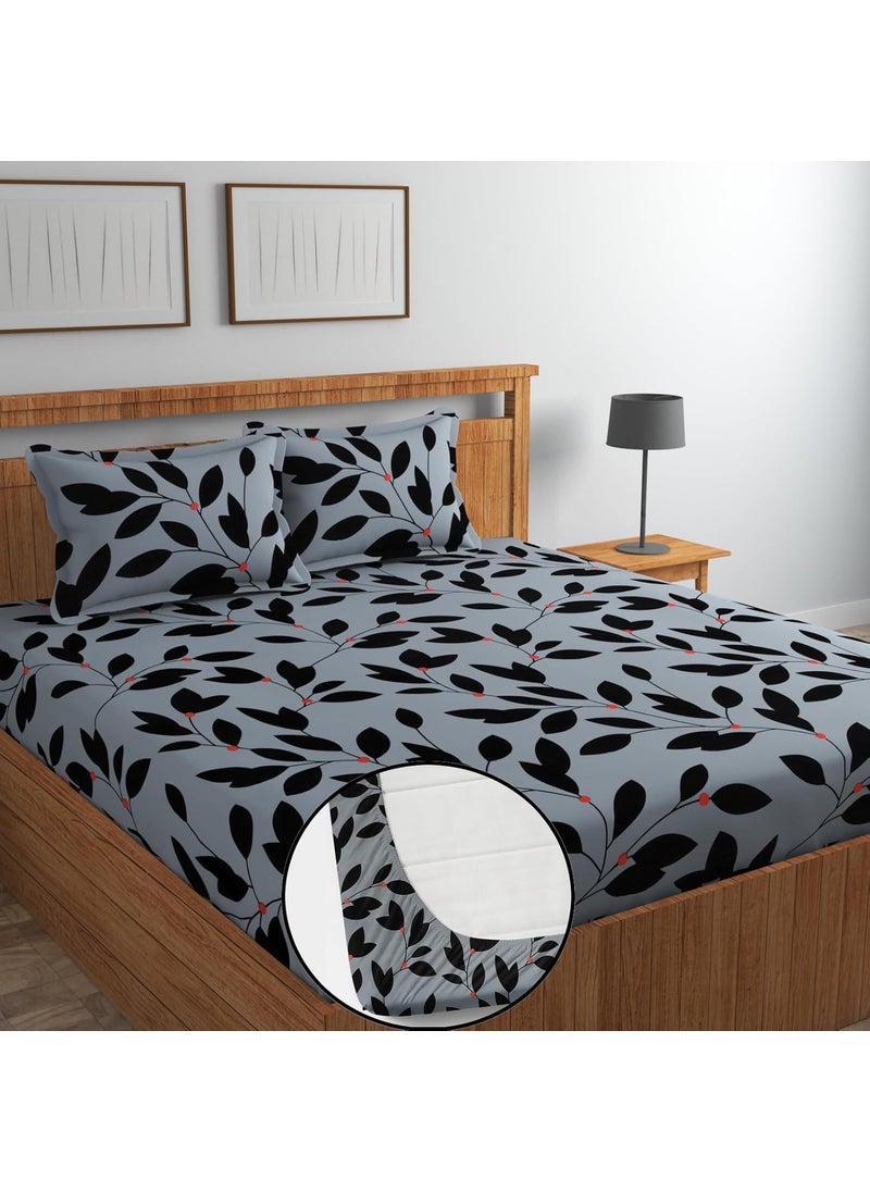 Soniasaa Premium CottonBlend Elastic Fitted Bedsheet with 2 Pillow Covers for Double Bed with All Around Elastic 235 TC Supersoft Size 72x78 Fit Upto 6 Inches Mattress Color Grey Black