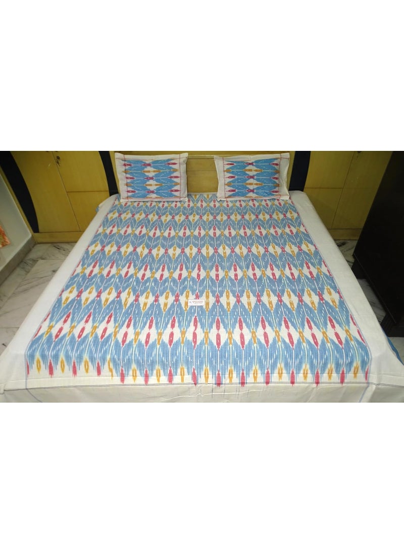 SR Handlooms and Textiles Pochampally Pure Cotton Bedsheet with Ikat Pattern Double Size Blue and Yellow Geometric Design 2 Pillow Covers Suitable for King Size or Double Bed10890