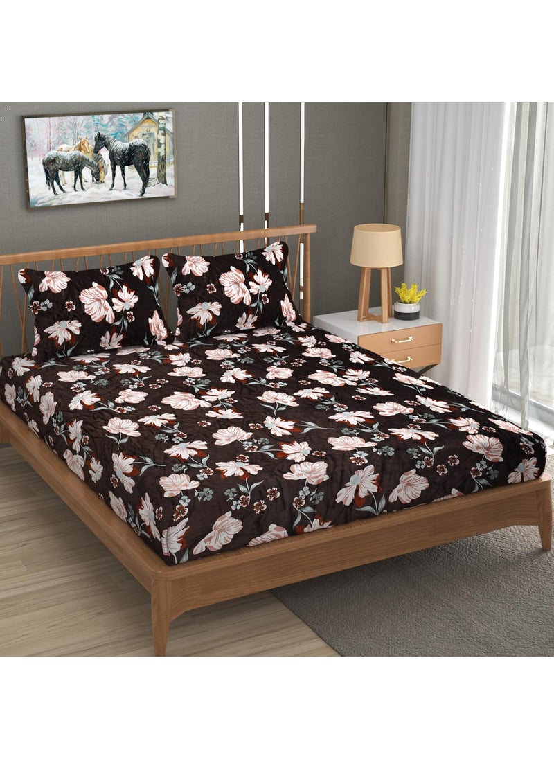 Real Dream Presents Luxurious Bedsheets for Winter King Size Fitted FlannelWarm Double Bedsheet Fully Elasticized with 2 Pillow Covers 72 x 78 x 8 Inches Flower Coffee 72 x 78 x 8 Inches King