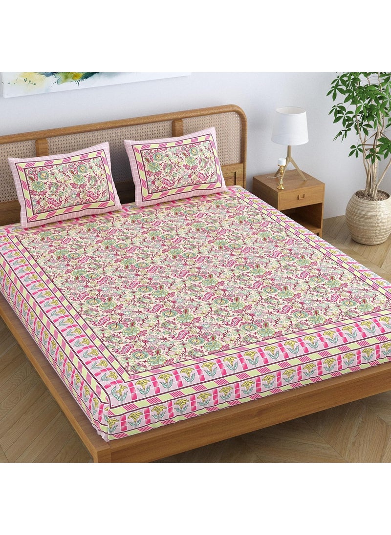 Colorish Cotton Blend Floral Printed Jaipuri King Size Double Bedsheet Set with 2 Pillow Covers Peach Paradise