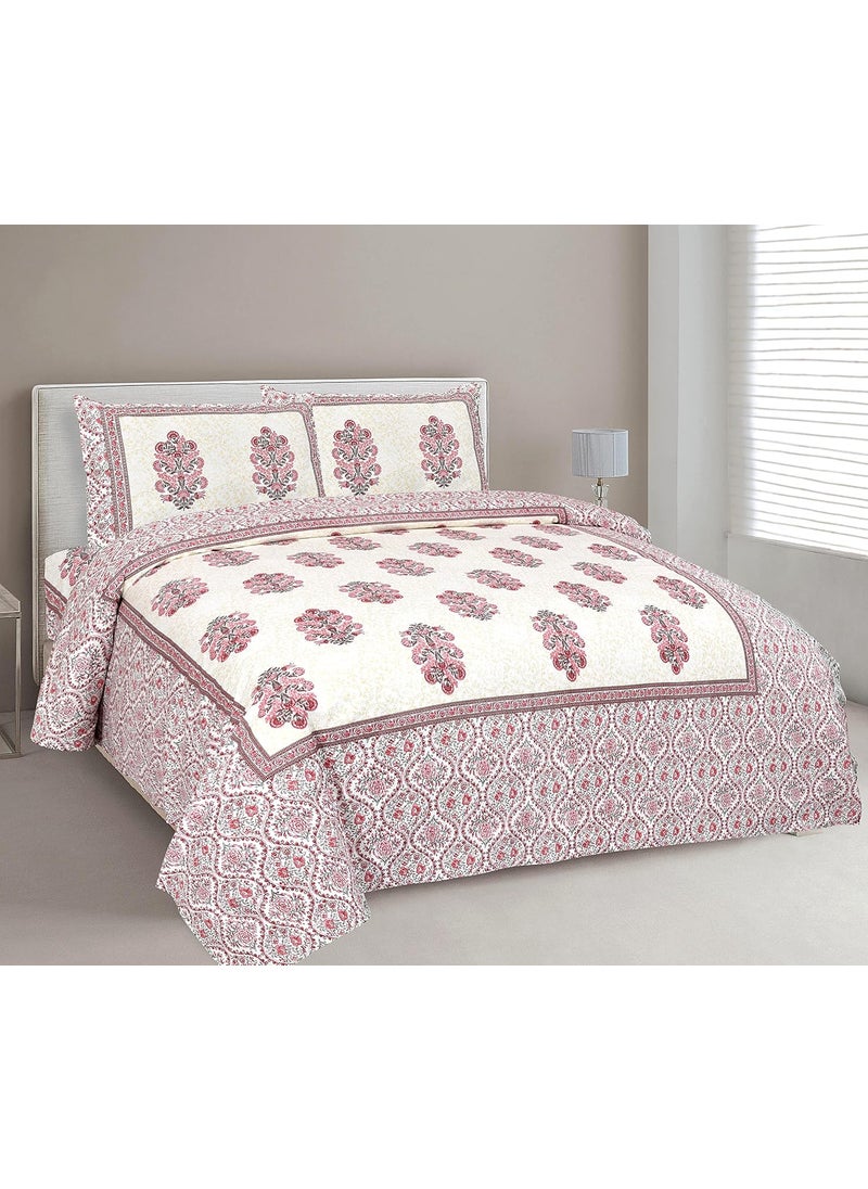 elanorhomes Cotton King Size Bedsheet Double Bed 90x108 Red Fulwari Print 2 Pillow Covers 180 TC