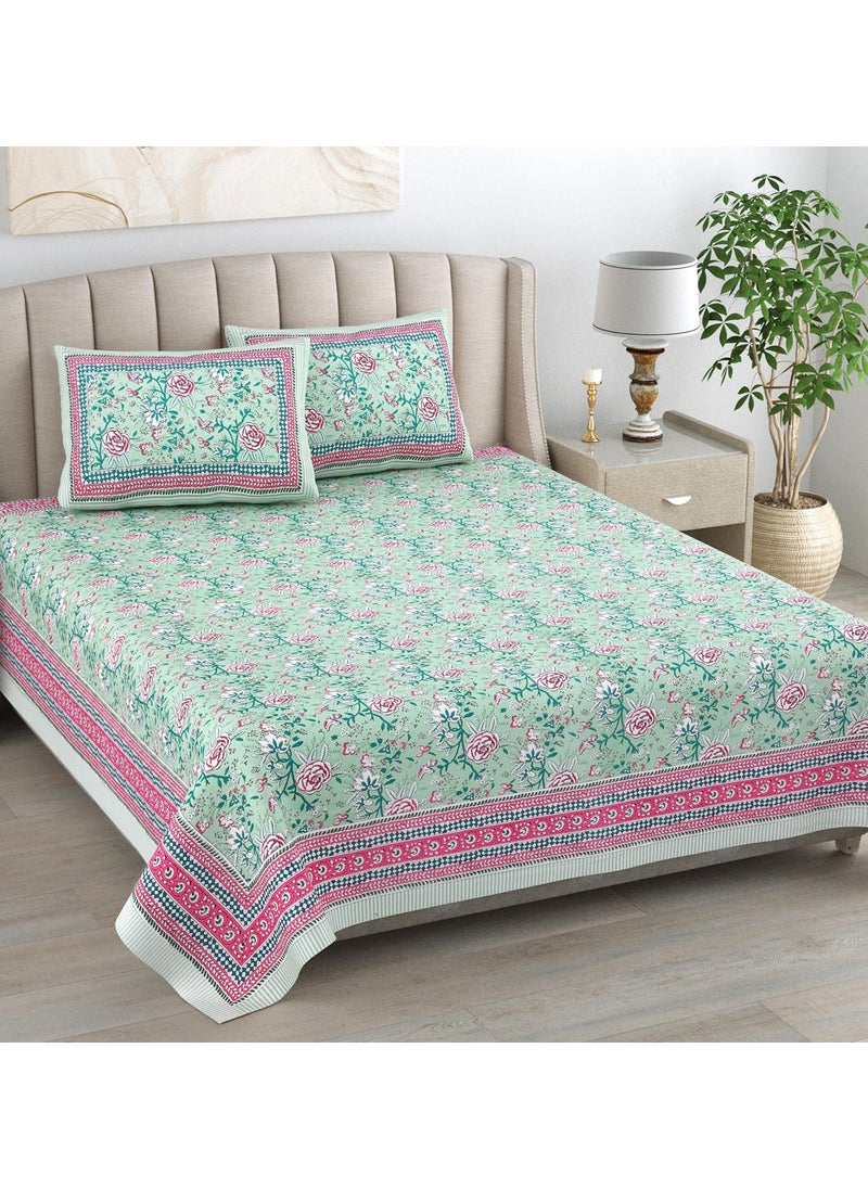 elanorhomes Hand Block Printed Cotton Double Bedsheet King Size 93x108 Pastel Bloom 2 Pillow Covers