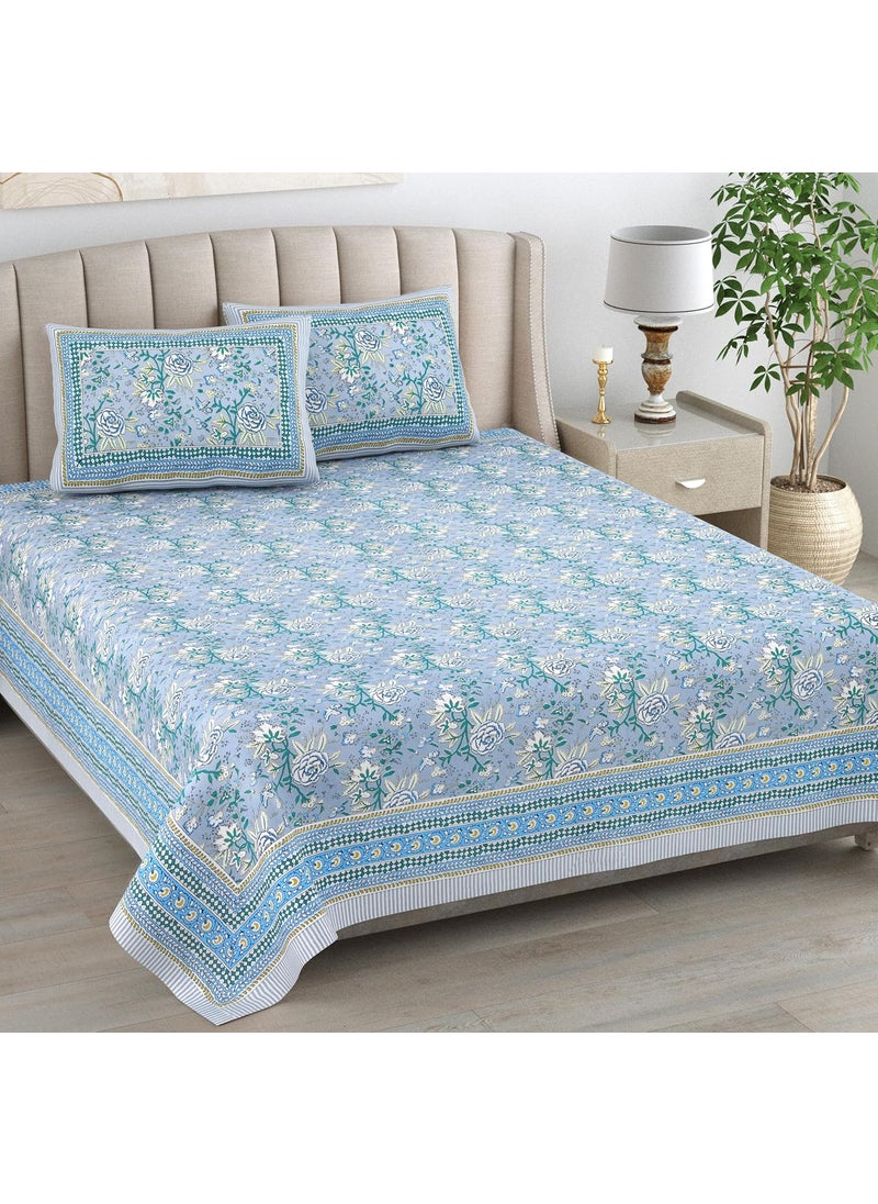 elanorhomes Luxury Cotton King Size Bedsheet 93x108 Aqua Bloom Design with 2 Pillow Covers 240 TC