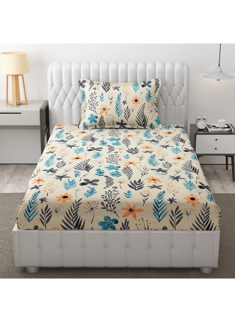 Ultica Fab Single Bed Bedsheets 100 Cotton 144 TC Printed Bedsheets with 1 King Size Pillow Cover 60X90 Inches 5 x 75 Feet Cream Color with Floral Pattern