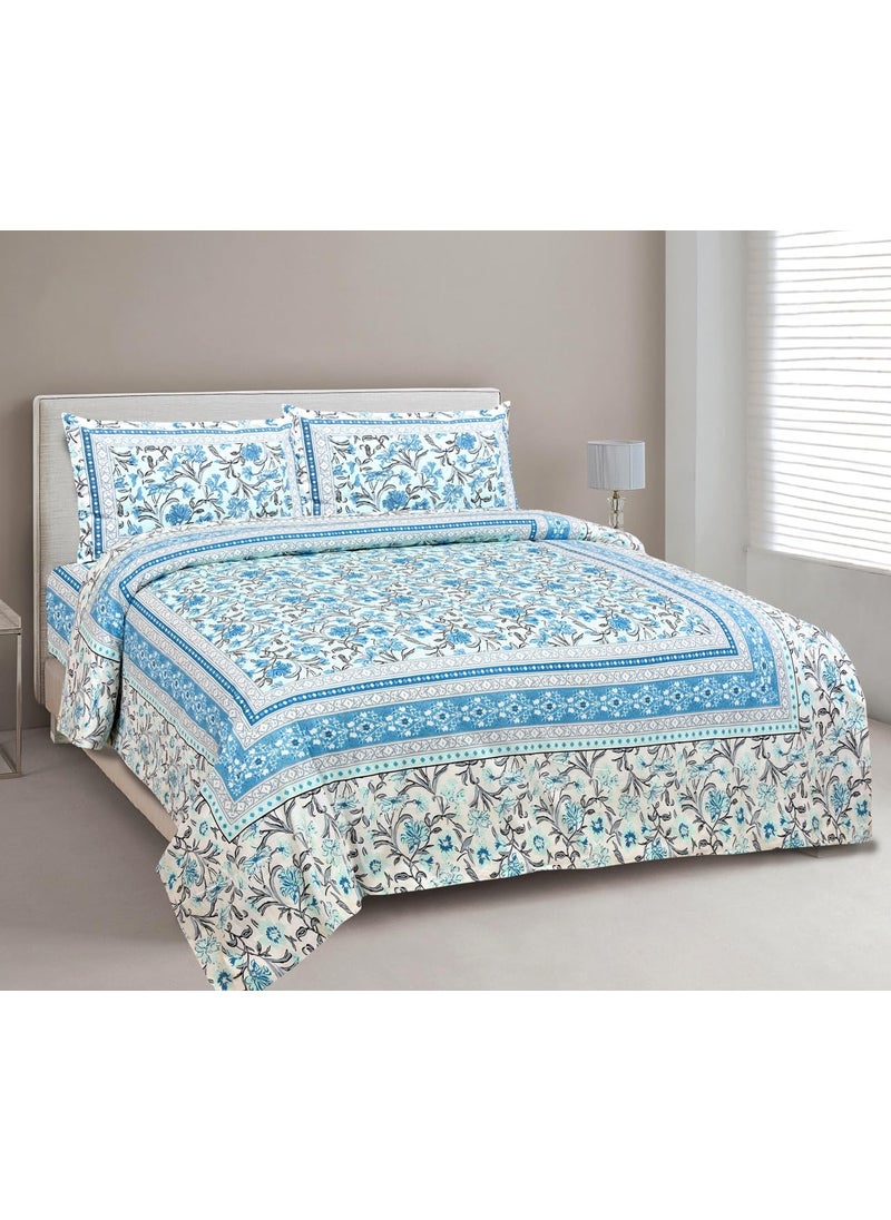 elanorhomes Hand Block Printed 180TC 100 Cotton King Bedsheet 93x108 Inches 2 Pillow Covers Aqua Garden