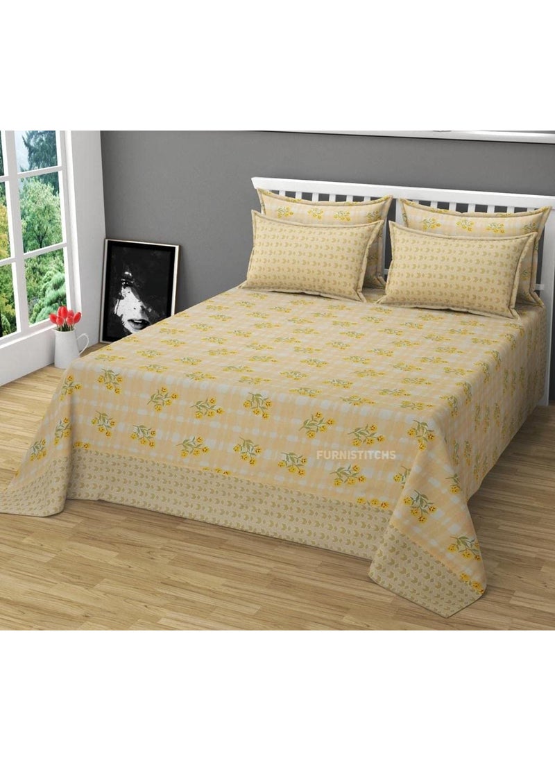 Furnistitchs Premium Cotton Feel XXL King Size Bedsheets with 4 Pillow Covers Super King Size Bed Sheets 108X108 inches 275 x 275 cms Cream Floral Checks