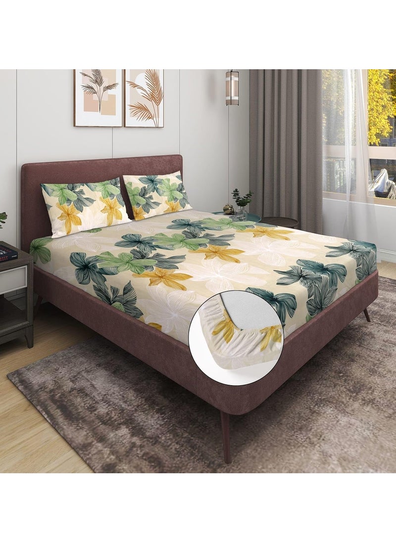 YaAkholic Floral Velvet Warm Winter Flannel Elastic Fitted Bedsheets for Double Bed Queen Size 72 x 78 x 8 inches with 2 Pillow Covers Woolen Bedsheet for Double Bed Cream