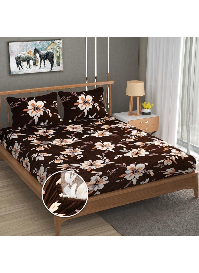 YaAkholic Velvet Warm Winter Flannel Elastic Fitted Bedsheets for Double Bed Queen Size 72 x 78 x 8 inches with 2 Pillow Covers Woolen Bedsheet for Double Bed Brown Queen 78 x 72