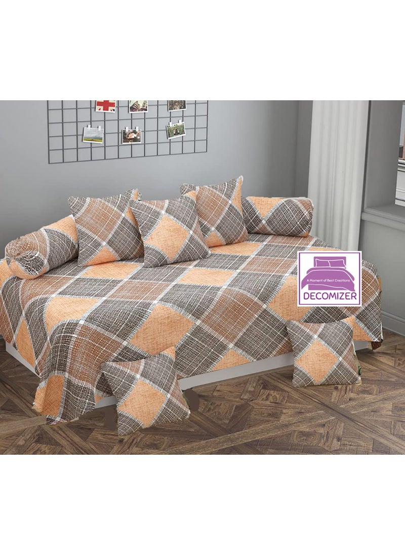 DECOMIZER XL Diwan Set 100 Pure Cotton Designer 1 60 X 90 in Bedsheet5 16x16 in Cushion Covers and 2 Booster Covers 8 PCS Set Diwan Set125 Design Coffee Check
