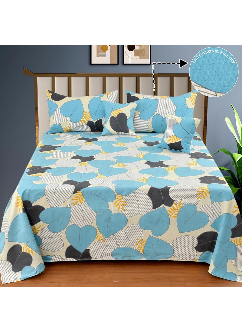 Real Dream Glace Cotton 5 Pcs Quilted Bedding Set 1 Double Bedsheet with 2 Quilted Pillow Covers and 2 Quilted Filled Cushions 90 x 90 Inches SkyPaanPtta