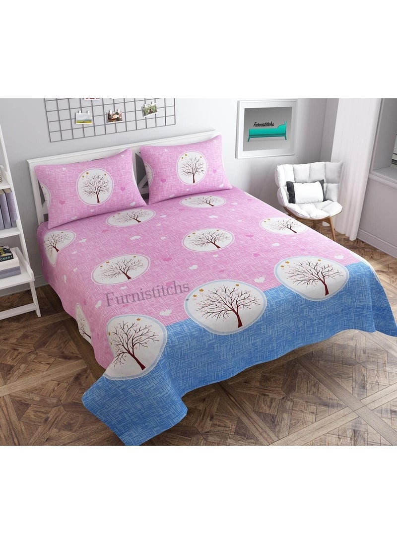 Furnistitchs Premium Glace Cotton Double Super King Size Bedsheet with 2 Pillow Covers 108 x 108 Pink Tree
