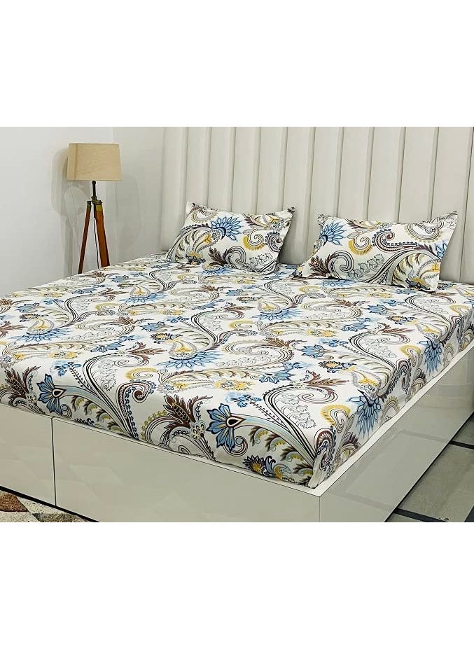 PRINDA Glace Cotton Printed Fitted All Round Elastic Double Bedsheet with 2 Pillow Covers 210 Tc Supersoft Double Bed Cream