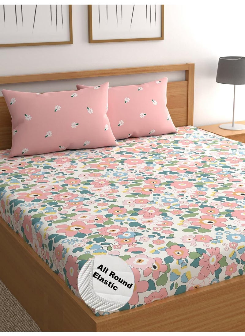 LOOMLYFE 300 TC Cotton Feel Glace Cotton Elastic Fitted Printed King Size Double Bed Bedsheet with 2 Pillow Covers Fits Upto 8 inches Mattress Size 72X78 Inches Pinkflower