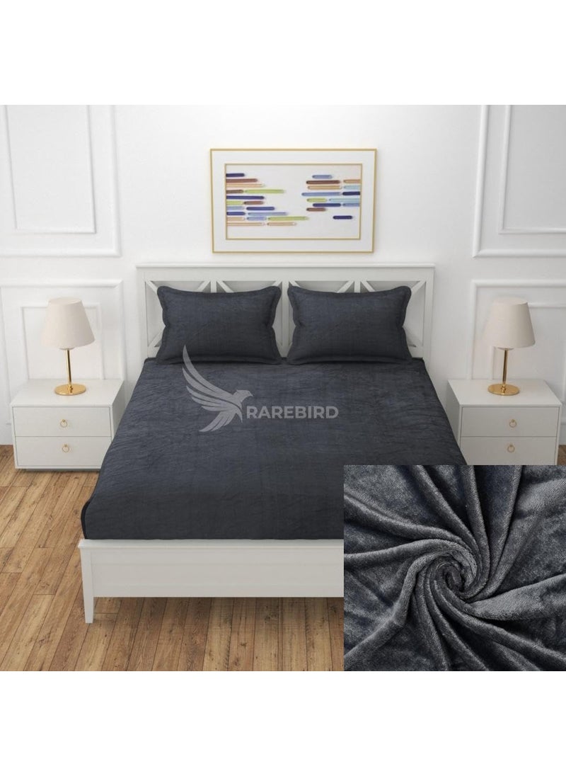RAREBIRD Flannel Premium Elastic Fitted Warm Bedsheets for Winter for Double Bed Elastic Fitted Winter Bedsheets for King Size Bed with 2 Pillow Covers Size 72 X 78 Inches Grey