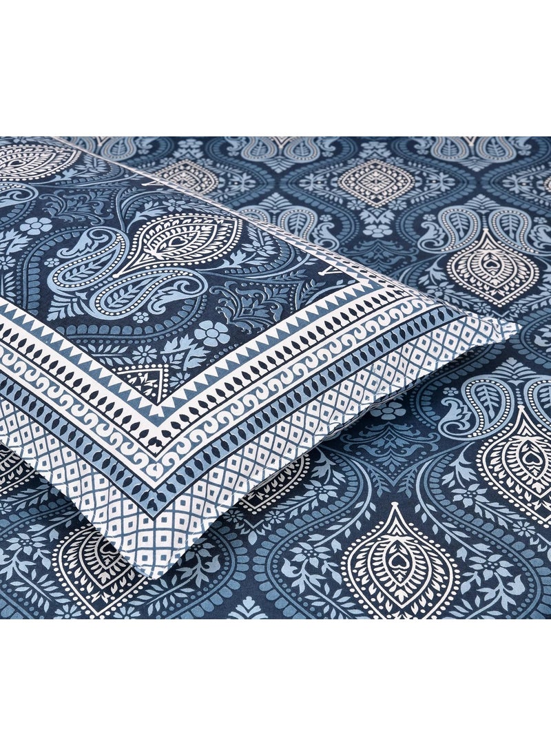 Urban Jaipur 100 Cotton Queen Size Bedsheet for Double Bed 90 x 108 Inches 210 TC Bed Sheet for Double Bed with 2 Pillow Covers Jaipuri Bedsheet Floral Print Dark Blue
