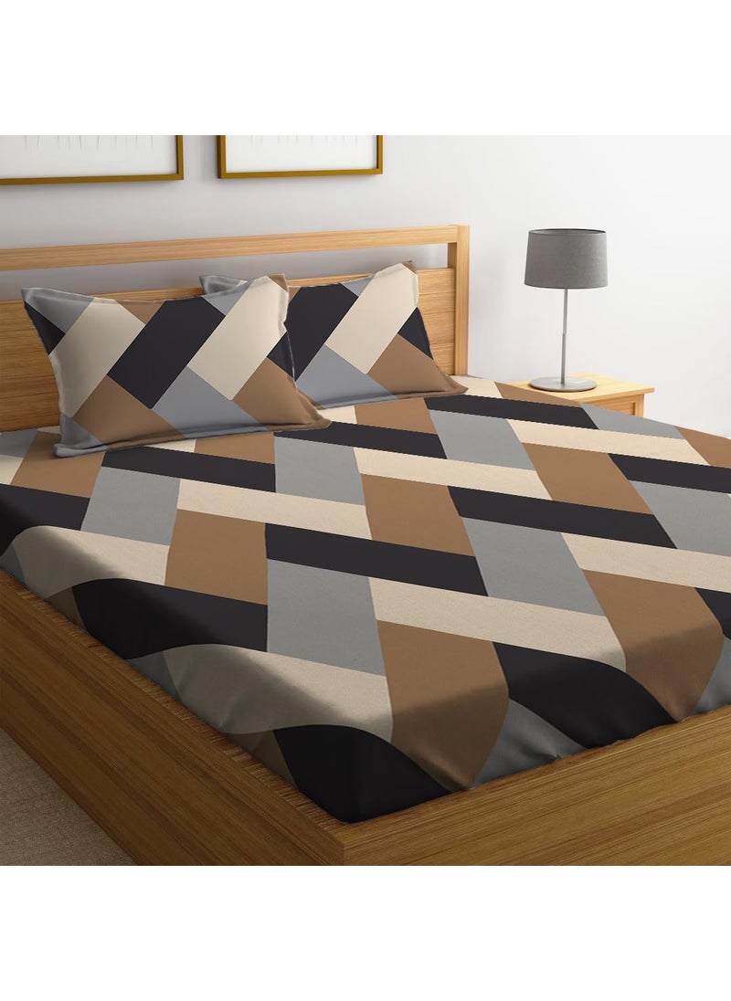LOOMLYFE 300 TC Cotton Feel Glace Cotton Elastic Fitted Printed King Size Double Bed Bedsheet with 2 Pillow Covers Fits Upto 8 inches Mattress Size 72X78 Inches BrownGreyCross