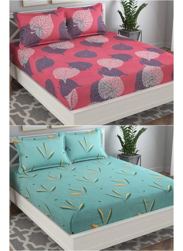 VAS COLLECTION Prime Combo Pack of 2 Double Bedsheet with 4 Pillow Covers 160 TC Soft Brushed Glace Cotton Long Lasting Wrinkle Free 225X228 Cm Or 75X75 FtPink Green