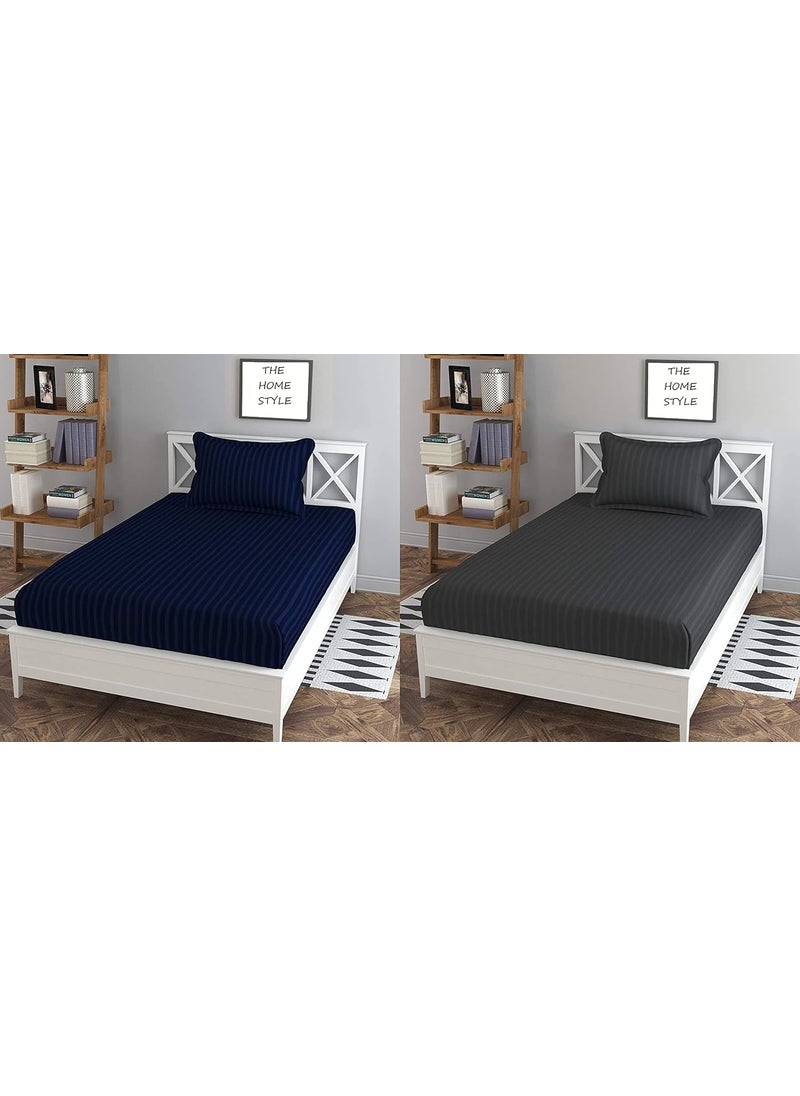THE HOME STYLE Cotton Feel Glace Cotton Plain Satin Stripes Combo Pack of 2 Plain Single Bed Bedsheet with 2 Pillow Cover Single Blue Grey