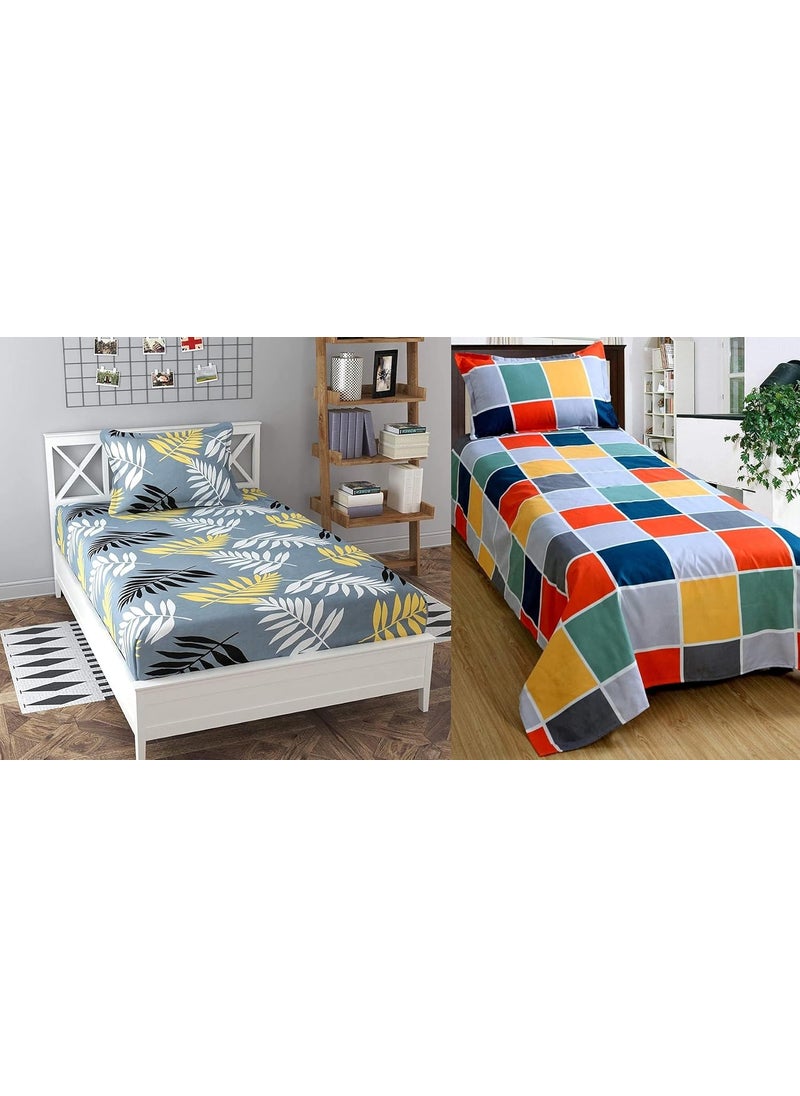 THE HOME STYLE Cotton Feel Glace Cotton Midnight Leaf Vibrant Checks Printed Single Bed Bedsheets with 2 Pillow Cover Combo Pack of 2