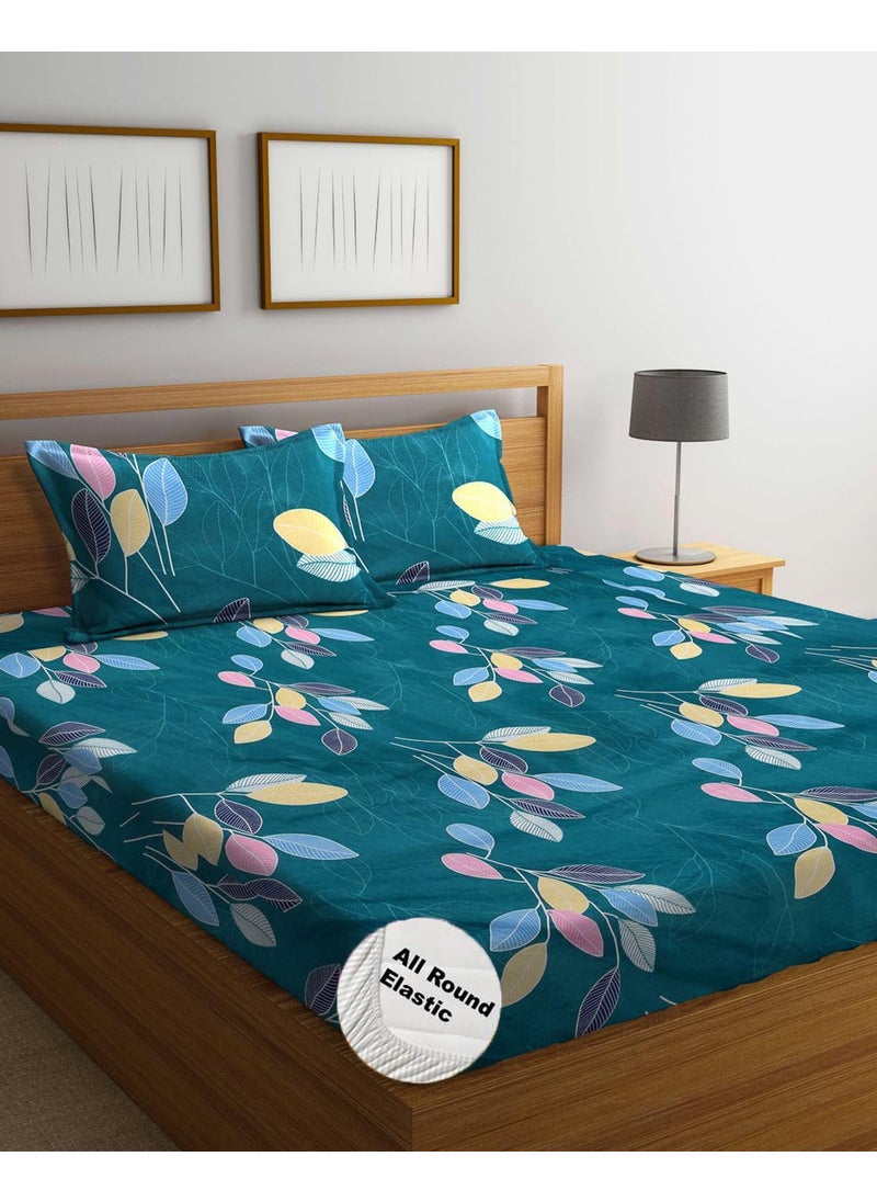 DECOMIZER Cotton Feel All Around Elastic Fitted Glace Printed King Size Double Bed Bedsheet With 2 Large Pillow Covers Fits Upto Mattress Of 8 InchesSize72 X 78 X 10 InchesGreen Leaves300 TC
