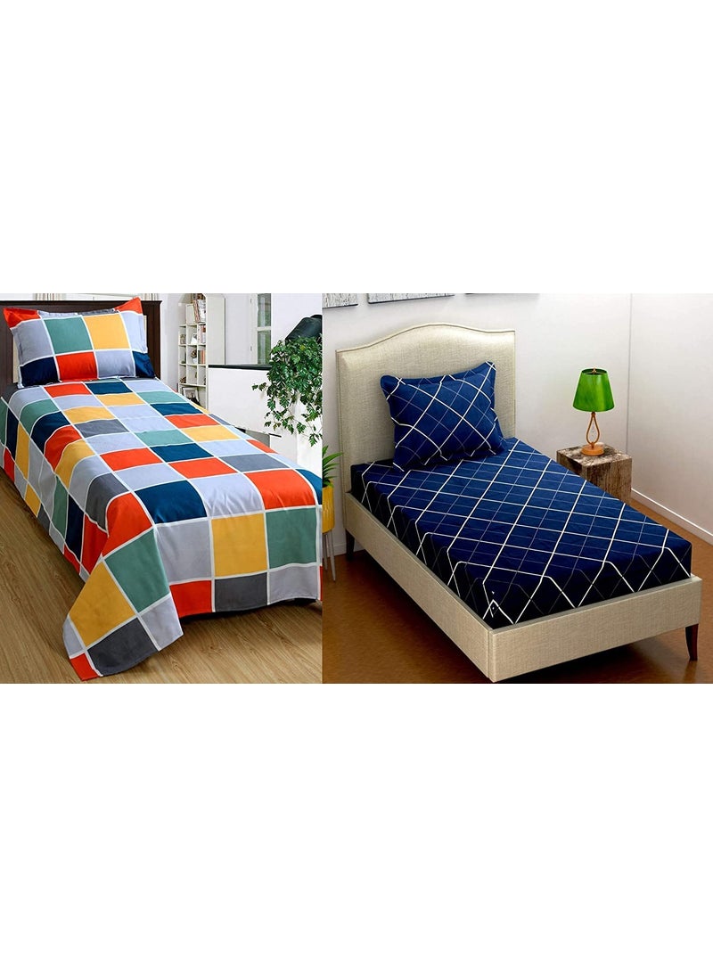 THE HOME STYLE Cotton Feel Glace Cotton Printed Single Bed Bedsheets Combo Pack of 2 Single Bedsheet with 2 Pillow Cover Vibrant Checks Navy Blue Lines